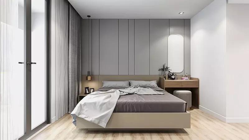 Hình ảnh kê giường ngủ theo phong thuỷ thực tế có đầu tường kê sát tường sẽ tạo nên chỗ dựa vững chắc cho gia chủ và mang lại cảm giác an toàn