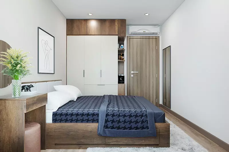 Việc đặt lệch cửa phòng với giường ngủ tạo ra sự riêng tư nhất định cho không gian nghỉ ngơi