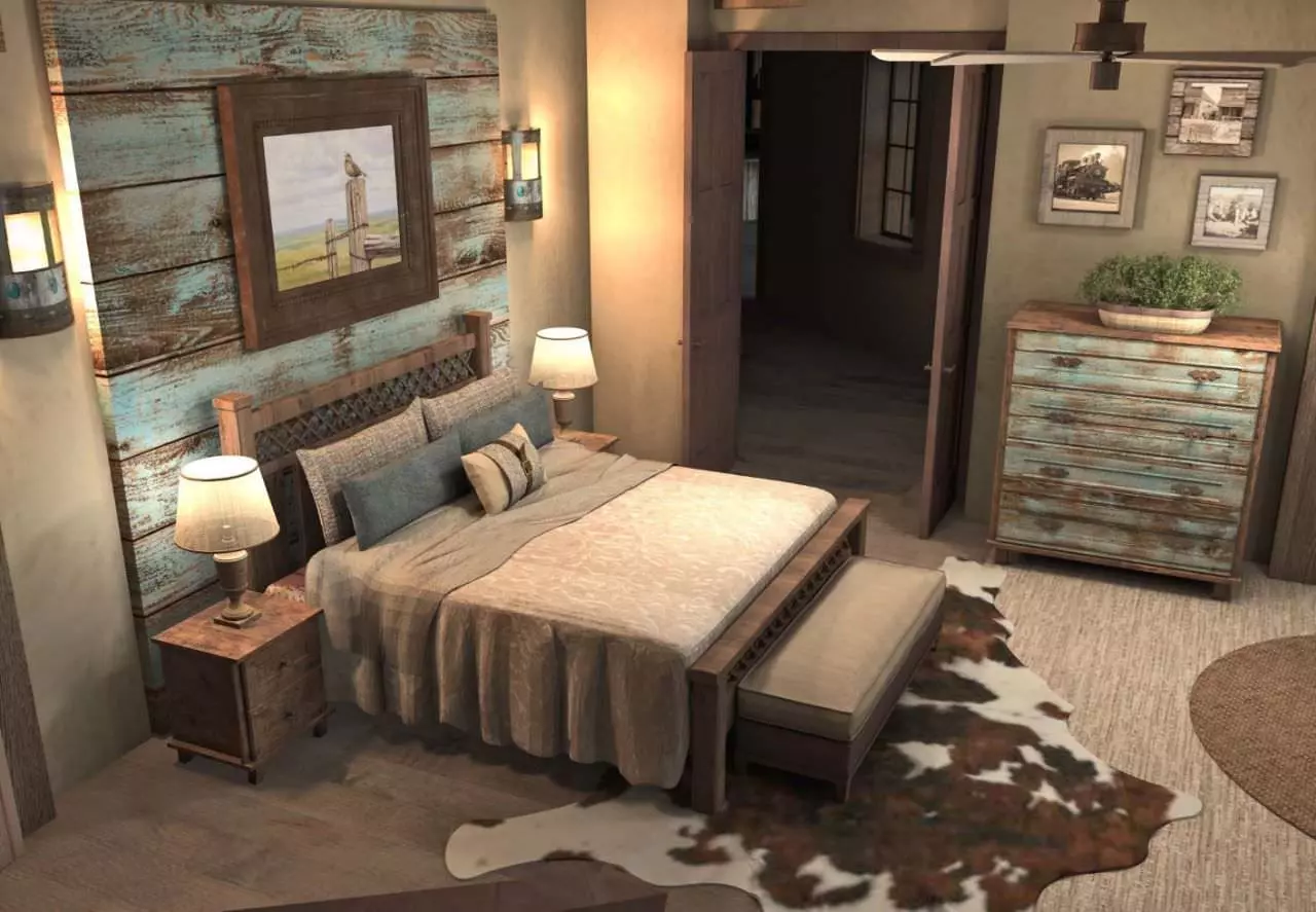 Phòng ngủ sử dụng gam màu gỗ sơn cũ đã ngả màu tạo nên sự thân thuộc, ấm cúng