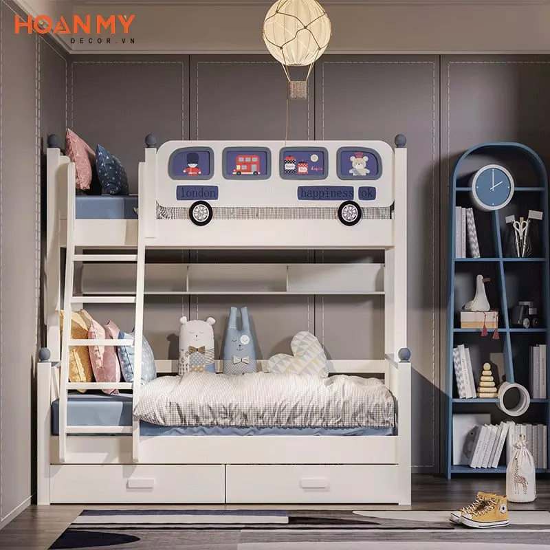 Mẫu giường tầng cho bé trai chất liệu gỗ công nghiệp cao cấp ấn tượng với tông màu xanh nhẹ nhàng