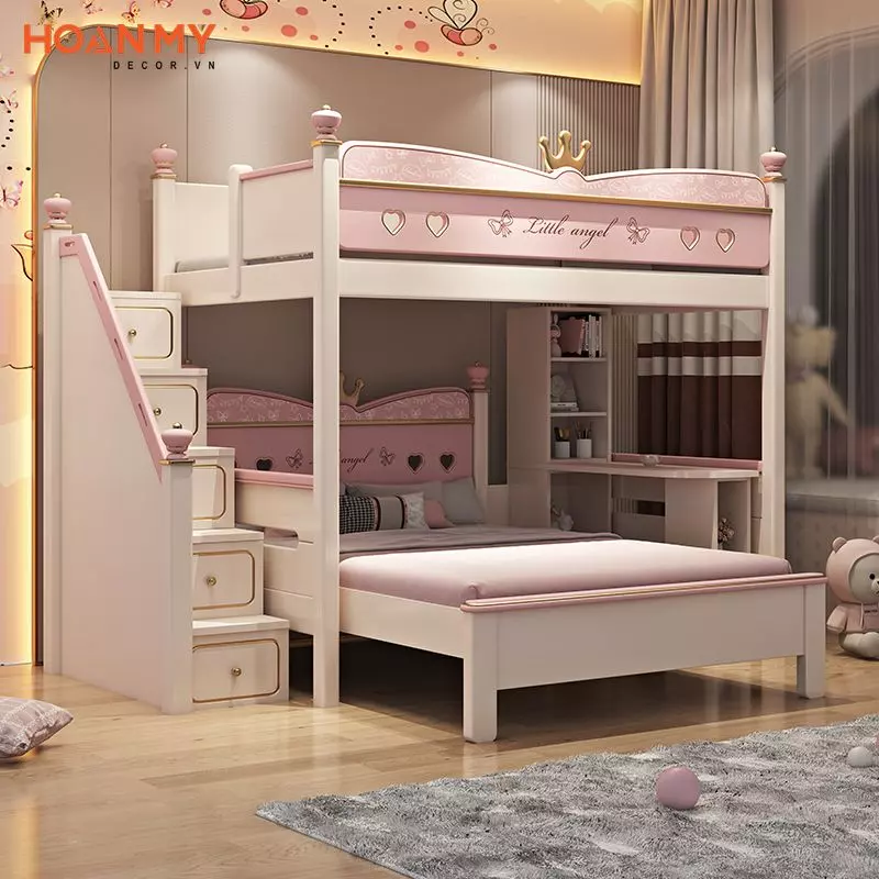 Giường tầng gỗ công nghiệp cho bé gái với tông màu hồng nhẹ nhàng