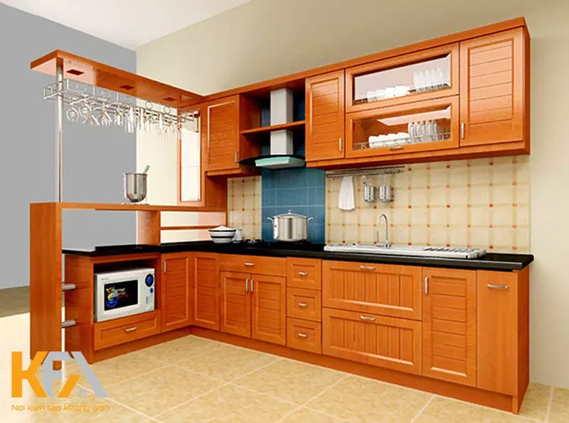 Mẫu tủ bếp nhôm kính thiết kế giả gỗ hiện đại, sang trọng nổi bật nhất hiện nay