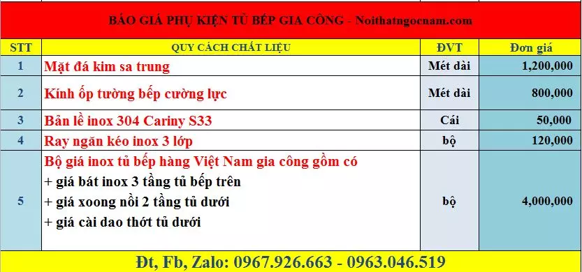 Bảng báo giá các phụ kiện tủ bếp inox hàng gia công tại Việt Nam