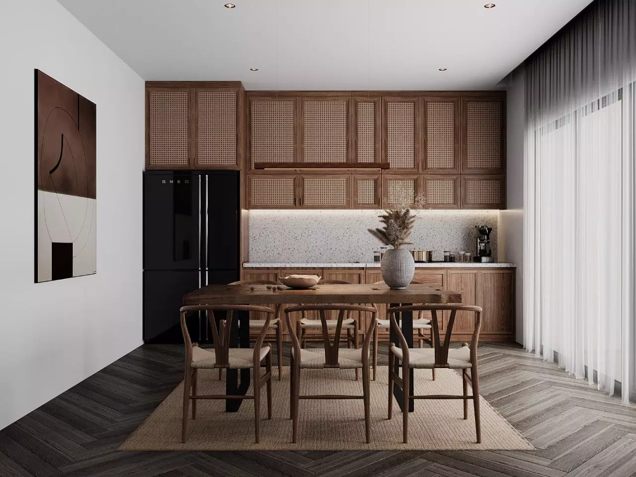 Mẫu thiết kế tủ bếp bằng gỗ tự nhiên mang đến không gian sang trọng và ấm cúng