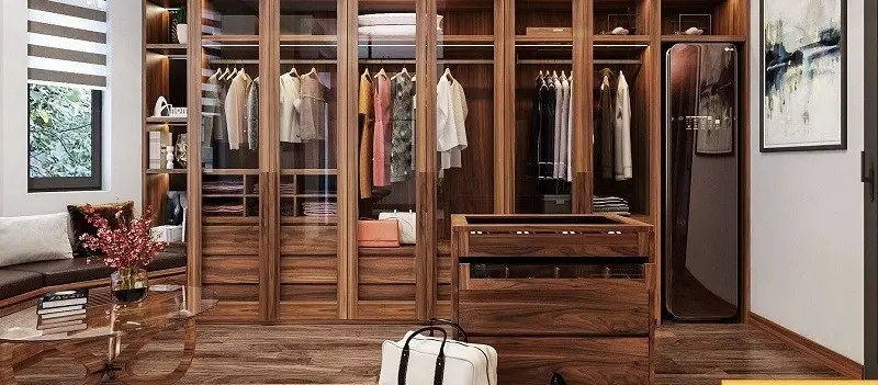 Tủ quần áo gỗ tự nhiên kết hợp cánh kính sang trọng