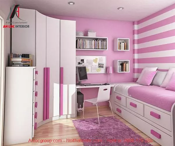 Phòng ngủ màu hồng có diện tích nhỏ đầy đủ nội thất