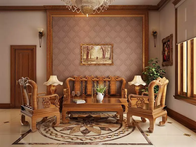 Mẫu trang trí phòng khách đơn giản với nội thất bằng gỗ